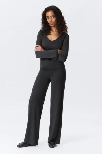 Soft Low Rise Loose Wide Leg Trousers – Washed Black