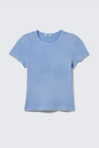 Soft Short-Sleeved Pointelle Top – Dusty Blue