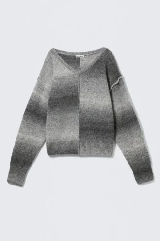 Space Dye V-Neck Knitted Sweater – Grey Space Dye