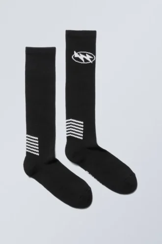 Sporty Graphic High Knee Socks – Black