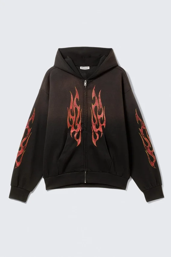 Square Graphic Zip Hoodie – Black – Worn-Out Flame Square Graphic Zip Hoodie – Black – Worn-Out Flame