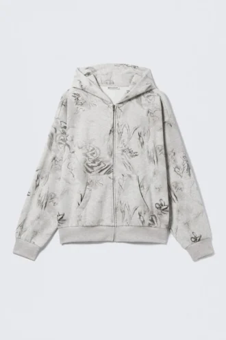 Square Graphic Zip Hoodie – Grey Melange – Scribble Print