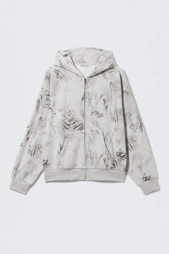 Square Graphic Zip Hoodie – Grey Melange – Scribble Print Square Graphic Zip Hoodie – Grey Melange – Scribble Print