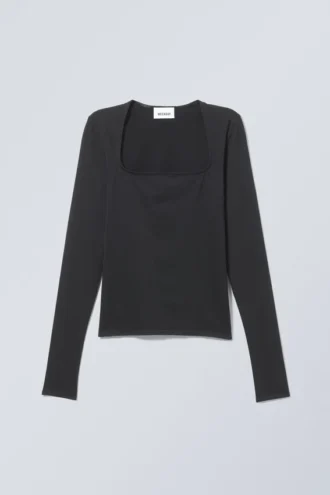 Square Neck Longsleeve Top – Black