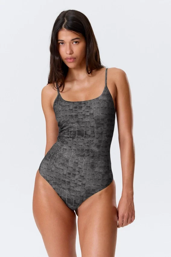 Square Neck Printed Swimsuit – Dark Grey – Alligator Print Square Neck Printed Swimsuit – Dark Grey – Alligator Print