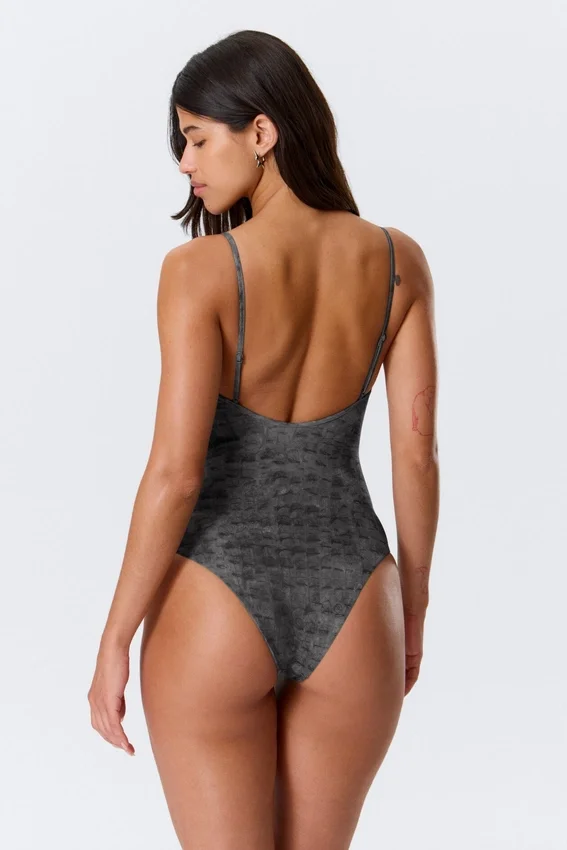 Square Neck Printed Swimsuit – Dark Grey – Alligator Print Square Neck Printed Swimsuit – Dark Grey – Alligator Print