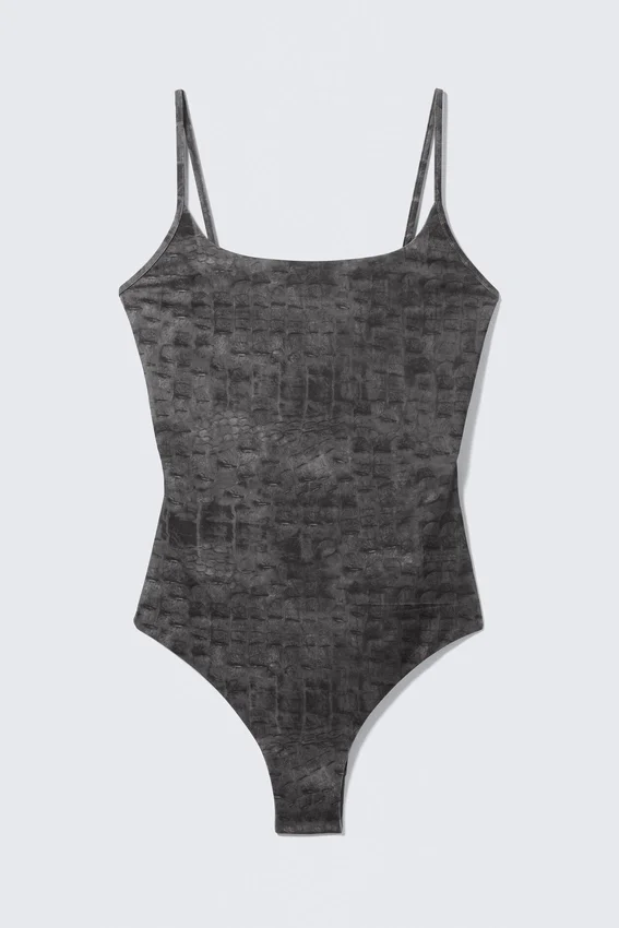 Square Neck Printed Swimsuit – Dark Grey – Alligator Print Square Neck Printed Swimsuit – Dark Grey – Alligator Print
