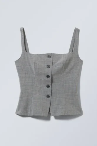 Square Neck Waistcoat Top – Checked Dark Mole