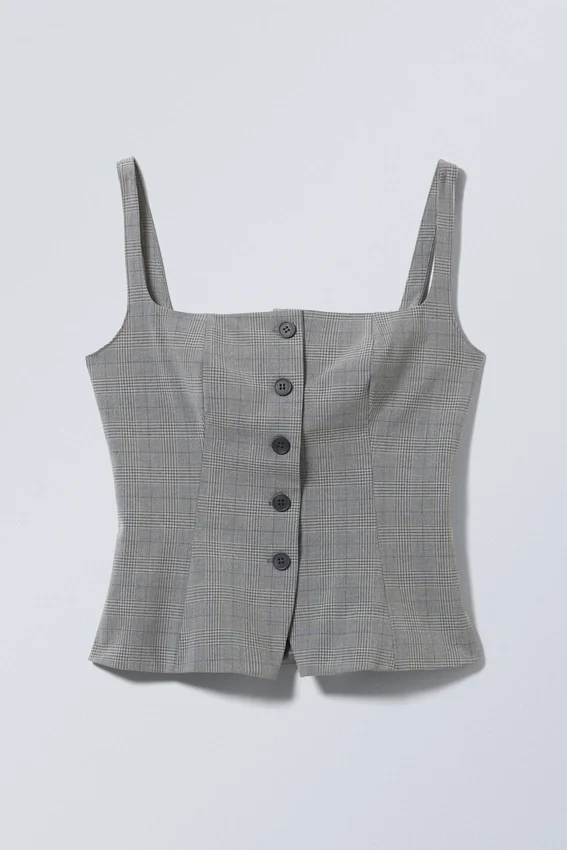 Square Neck Waistcoat Top – Checked Dark Mole Square Neck Waistcoat Top – Checked Dark Mole