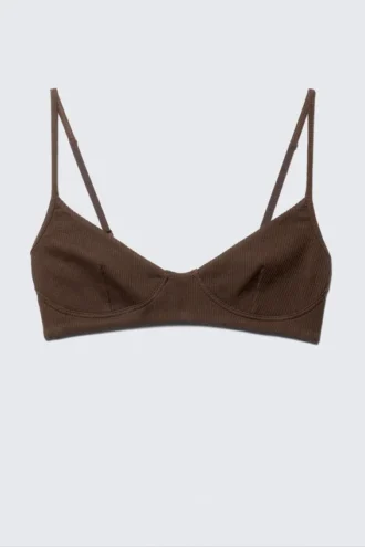 Stella Ribbed V-Neck Cotton Bra – Dark Brown