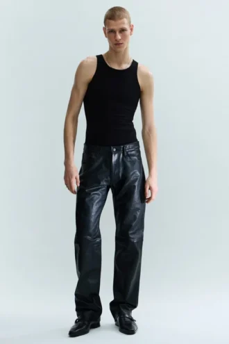 Straight Leg Leather Trousers – Black