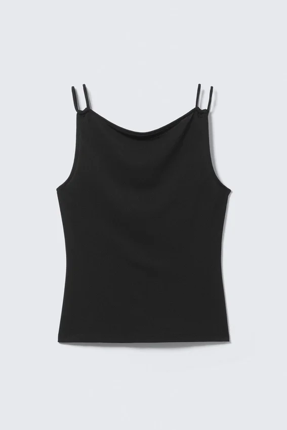 Strappy Boat-Neck Jersey Tank Top – Black Strappy Boat-Neck Jersey Tank Top – Black