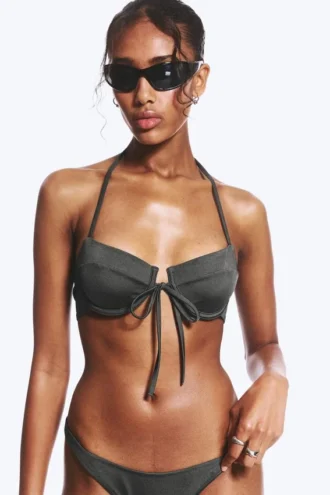 Strappy Wired Halter Bikini Top – Dark Grey Shimmer
