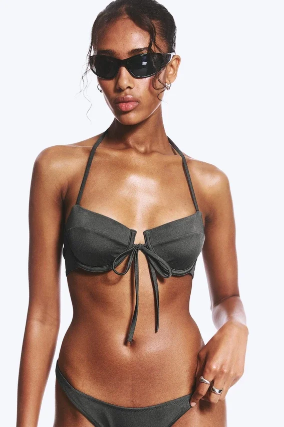 Strappy Wired Halter Bikini Top – Dark Grey Shimmer Strappy Wired Halter Bikini Top – Dark Grey Shimmer