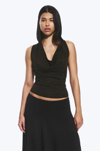 Striped Draped Hooded Top – Striped Dark Khaki Green