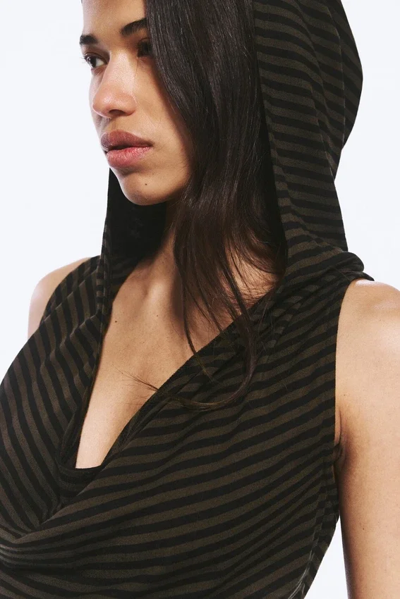 Striped Draped Hooded Top – Striped Dark Khaki Green Striped Draped Hooded Top – Striped Dark Khaki Green