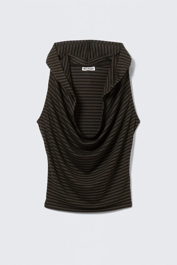 Striped Draped Hooded Top – Striped Dark Khaki Green Striped Draped Hooded Top – Striped Dark Khaki Green