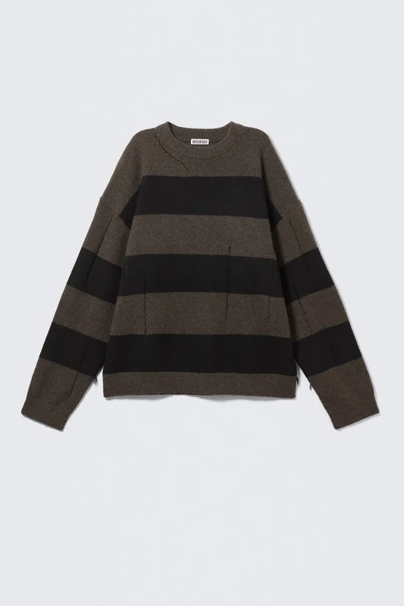 Striped Knitted Distressed Sweater – Brown & Black Stripes Striped Knitted Distressed Sweater – Brown & Black Stripes