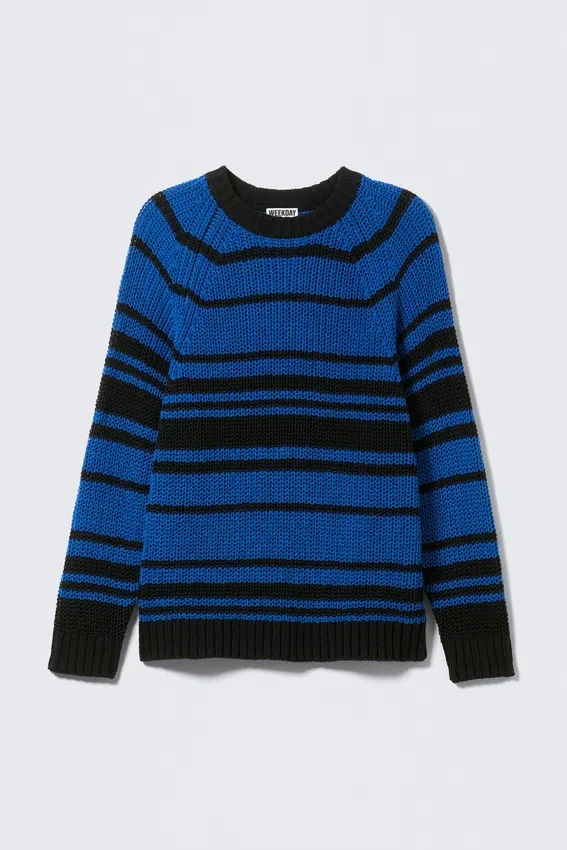 Striped Knitted Raglan-Sleeved Sweater – Striped Blue Striped Knitted Raglan-Sleeved Sweater – Striped Blue