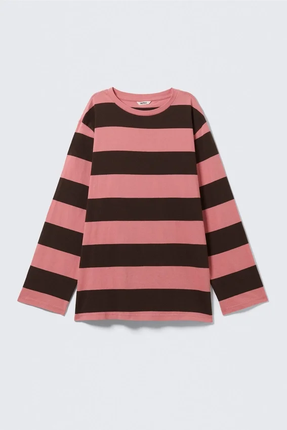 Striped Long-Sleeved Mini Dress – Pink & Brown Stripes Striped Long-Sleeved Mini Dress – Pink & Brown Stripes