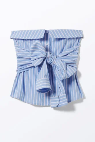 Striped Off-Shoulder Tie Front Shirt Top – Striped Blue & Pink Striped Off-Shoulder Tie Front Shirt Top – Striped Blue & Pink