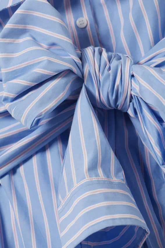 Striped Off-Shoulder Tie Front Shirt Top – Striped Blue & Pink Striped Off-Shoulder Tie Front Shirt Top – Striped Blue & Pink
