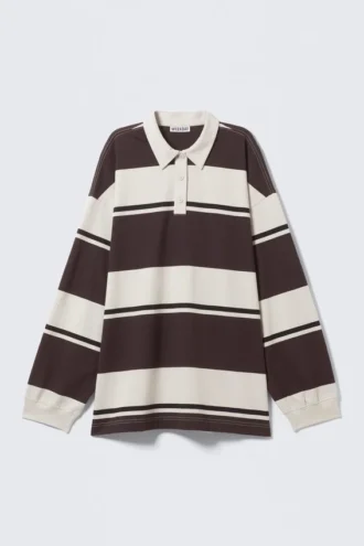 Striped Oversized Polo Shirt – Beige & Brown Stripe