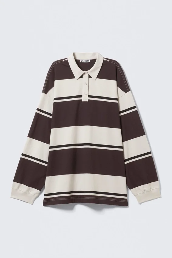 Striped Oversized Polo Shirt – Beige & Brown Stripe Striped Oversized Polo Shirt – Beige & Brown Stripe
