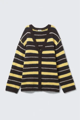 Striped V-Neck Cardigan – Dark Brown & Yellow Stripes