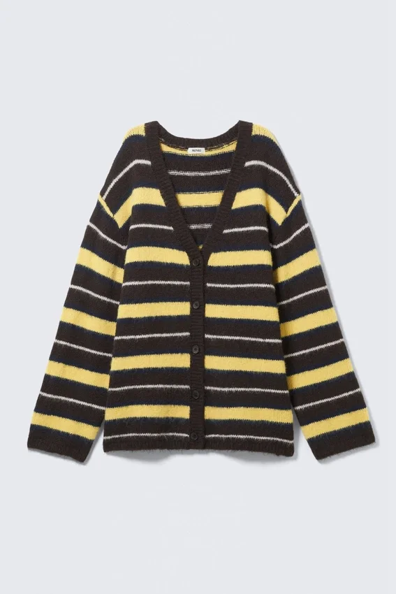 Striped V-Neck Cardigan – Dark Brown & Yellow Stripes Striped V-Neck Cardigan – Dark Brown & Yellow Stripes