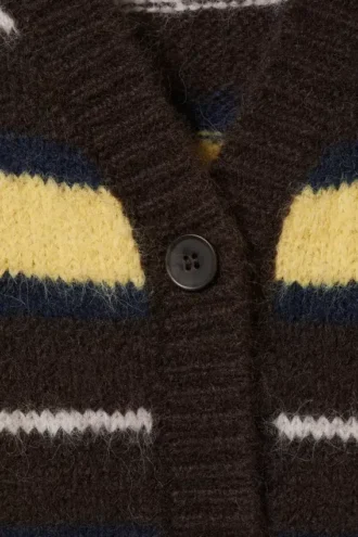 Striped V-Neck Cardigan – Dark Brown & Yellow Stripes