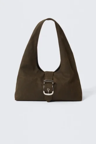 Structured Buckle Canvas Shoulder Bag – Brown