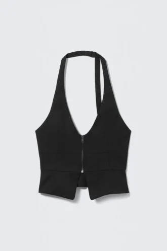 Structured Halter Zip Waistcoat – Black