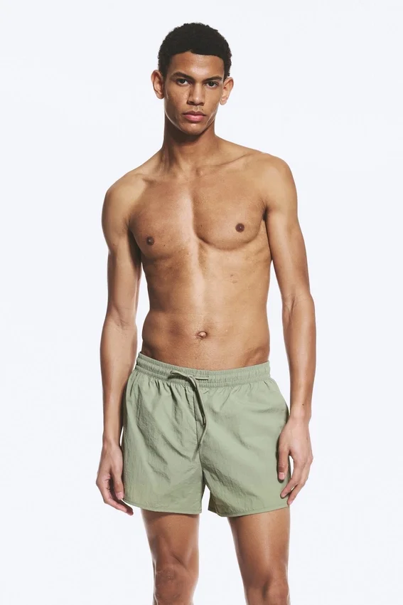 Structured Mid-Thigh Swim Shorts – Light Dusty Khaki Green Structured Mid-Thigh Swim Shorts – Light Dusty Khaki Green