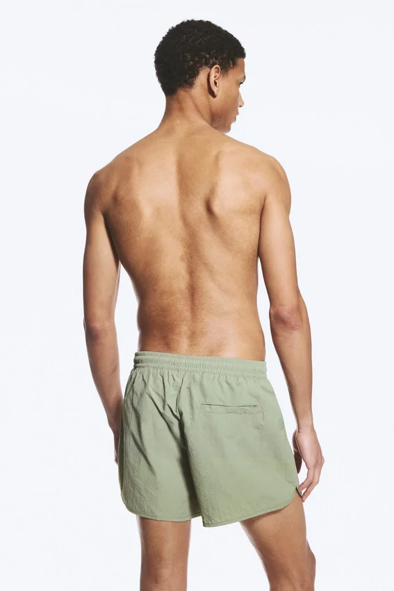 Structured Mid-Thigh Swim Shorts – Light Dusty Khaki Green Structured Mid-Thigh Swim Shorts – Light Dusty Khaki Green