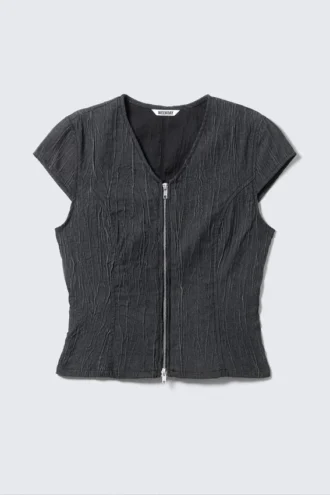 Structured Zip V-Neck Top – Dark Blue