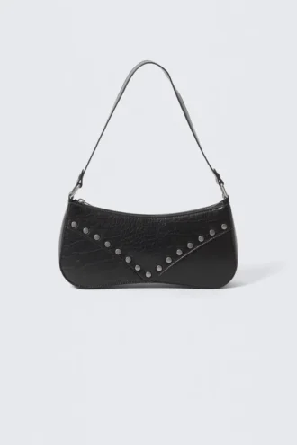 Studded Faux Leather Shoulder Bag – Black