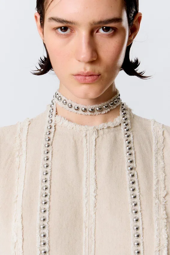 Studded Linen-Blend Choker Necklace – Beige Studded Linen-Blend Choker Necklace – Beige