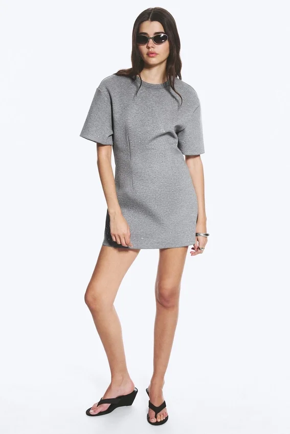 Studded Mini Scuba Tee Dress – Grey Melange – Studs Studded Mini Scuba Tee Dress – Grey Melange – Studs