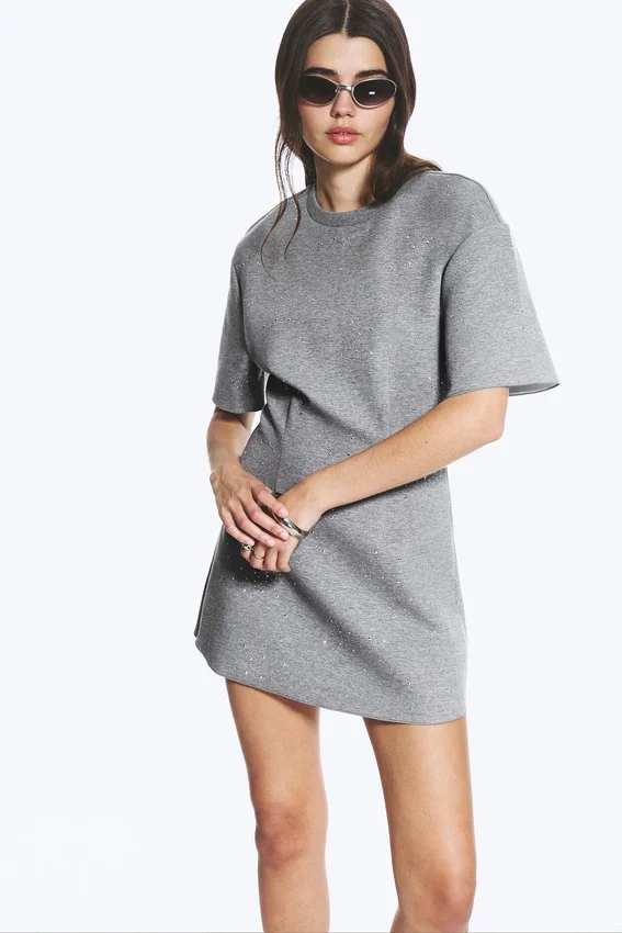 Studded Mini Scuba Tee Dress – Grey Melange – Studs Studded Mini Scuba Tee Dress – Grey Melange – Studs