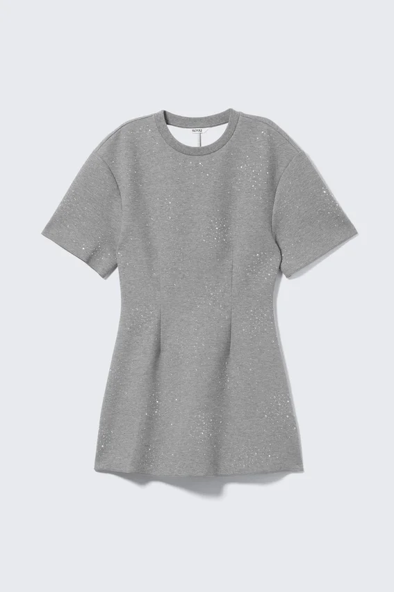 Studded Mini Scuba Tee Dress – Grey Melange – Studs Studded Mini Scuba Tee Dress – Grey Melange – Studs