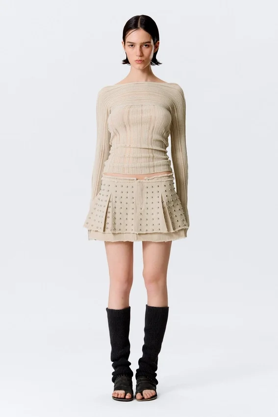 Studded Pleated Mini Skirt – Beige Studded Pleated Mini Skirt – Beige
