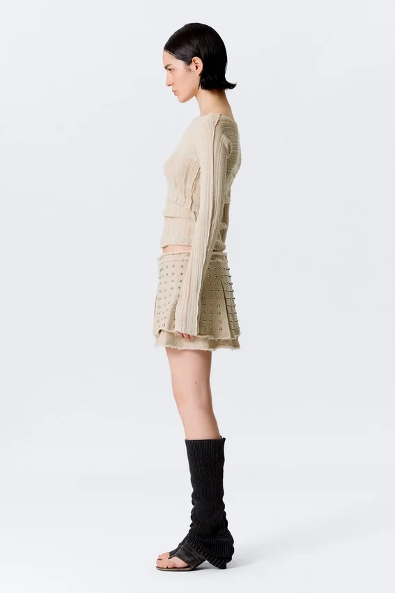 Studded Pleated Mini Skirt – Beige Studded Pleated Mini Skirt – Beige