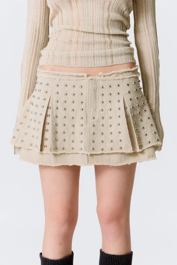 Studded Pleated Mini Skirt – Beige Studded Pleated Mini Skirt – Beige