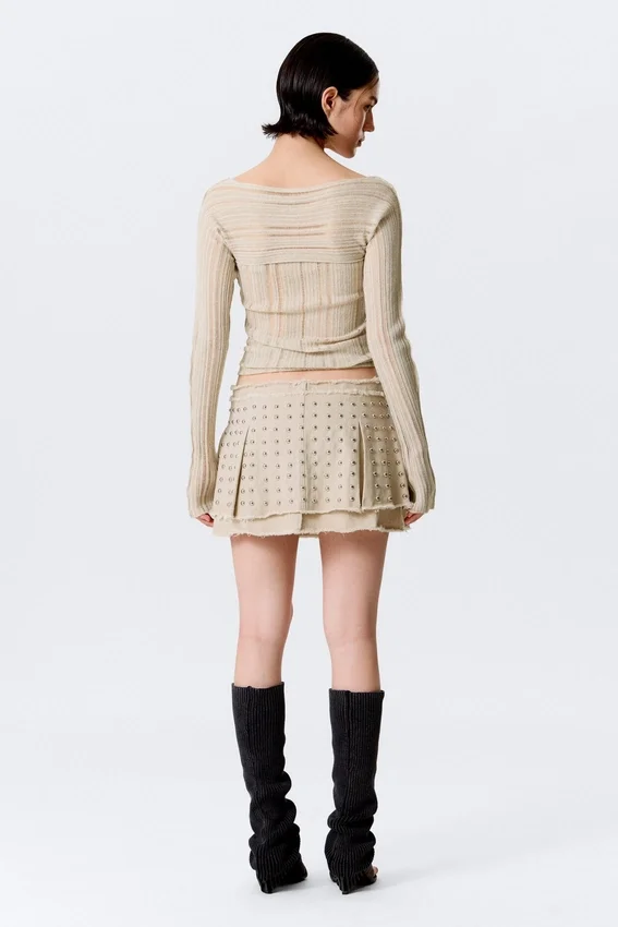 Studded Pleated Mini Skirt – Beige Studded Pleated Mini Skirt – Beige