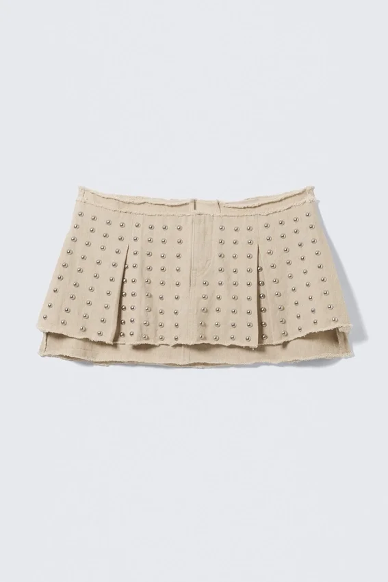 Studded Pleated Mini Skirt – Beige Studded Pleated Mini Skirt – Beige