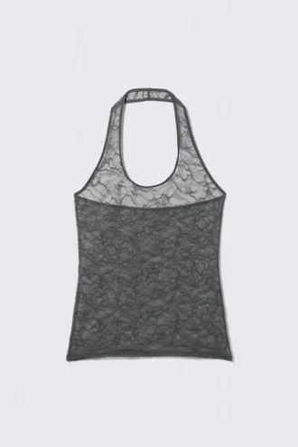 Swirly Lace Halterneck Top – Dark Grey