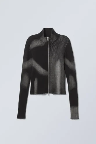 Taiki Rib Knit Zip Cardigan – Two Tone Black & Grey Strokes