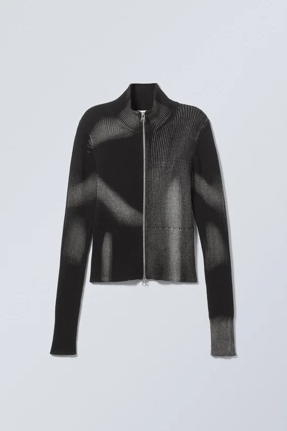 Taiki Rib Knit Zip Cardigan – Two Tone Black & Grey Strokes Taiki Rib Knit Zip Cardigan – Two Tone Black & Grey Strokes