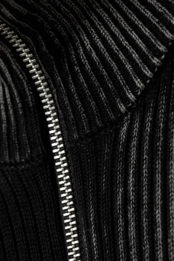 Taiki Rib Knit Zip Cardigan – Two Tone Black & Grey Strokes Taiki Rib Knit Zip Cardigan – Two Tone Black & Grey Strokes